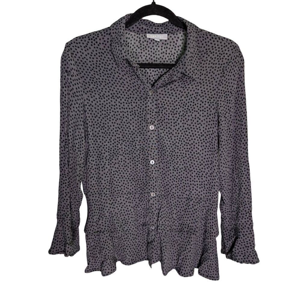 HABITAT Button Front Long Ruffle Cuff Sleeve Gray + Black Polka Dot Top Women's